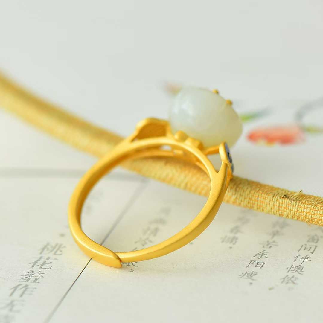 925 Silver Inlaid Hetian White Nephrite "Lotus, Auspicious Clouds & Continuous Blessings" Enamel Ring