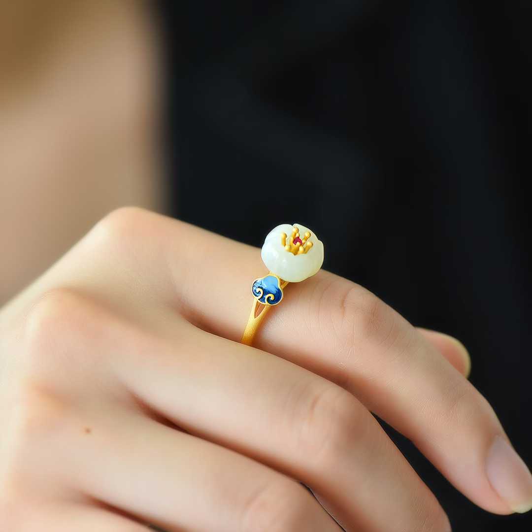 925 Silver Inlaid Hetian White Nephrite "Lotus, Auspicious Clouds & Continuous Blessings" Enamel Ring