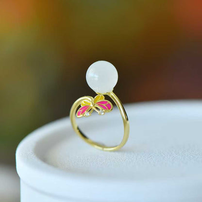 925 Silver Inlaid 10mm Hetian Nephrite Bead "Butterfly" Ring