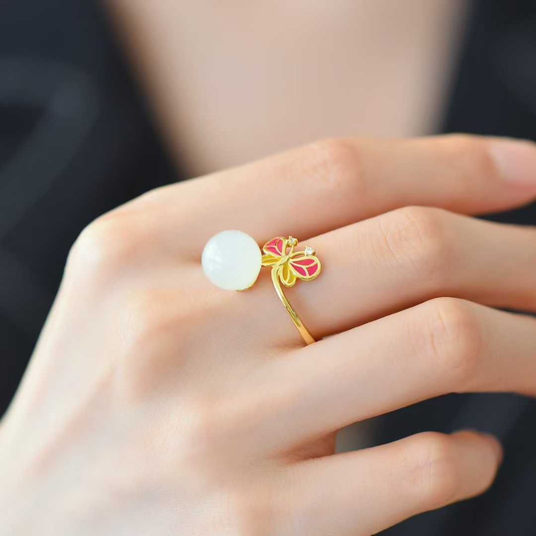 925 Silver Inlaid 10mm Hetian Nephrite Bead "Butterfly" Ring