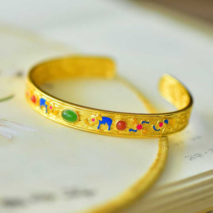 925 Silver Inlaid Hetian Jadeite (Jasper) "Auspicious Elephant & Ruyi" Bracelet