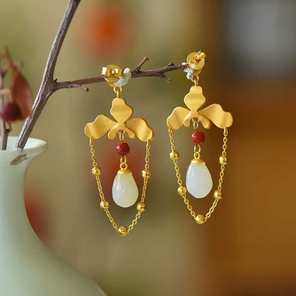 925 Silver Inlaid Hetian Nephrite "Lotus, Blessing, Longevity & Ruyi" Enamel Tassel Earrings