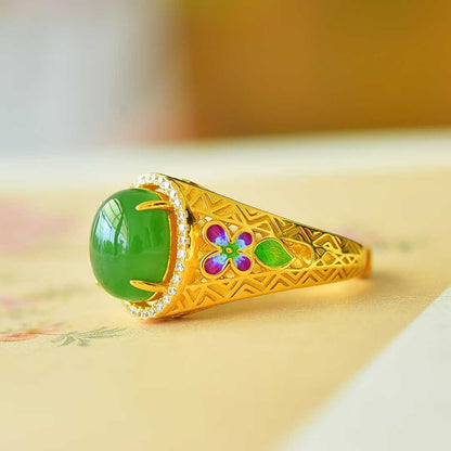 925 Silver Inlaid Blue Enamel, Hetian Spinach Green Nephrite Cabochon & Zircon Ring