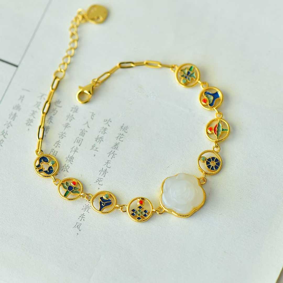 925 Silver Inlaid Enamel & Hetian Nephrite "Blooming Roses & Eight Treasures" Bracelet