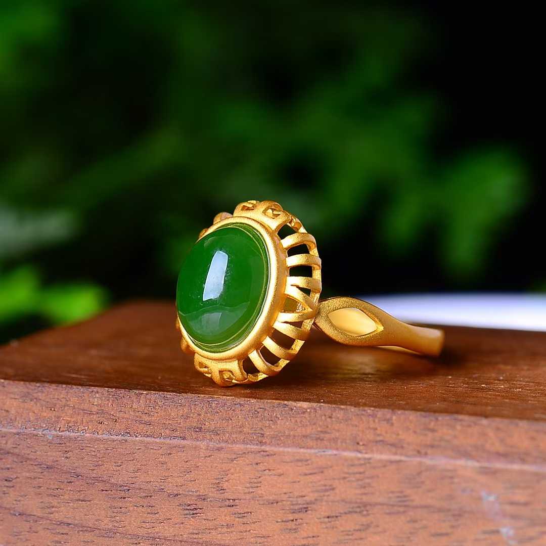 925 Silver Inlaid Enamel and Hetian Jade Cabochon Ring