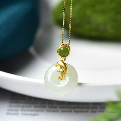 925 Silver Inlaid Hetian Nephrite "Dolphin & Peace Buckle" Pendant