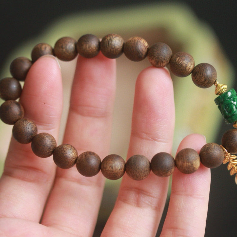 Natural Myanmar Jadeite and Kyara Agarwood Bracelet