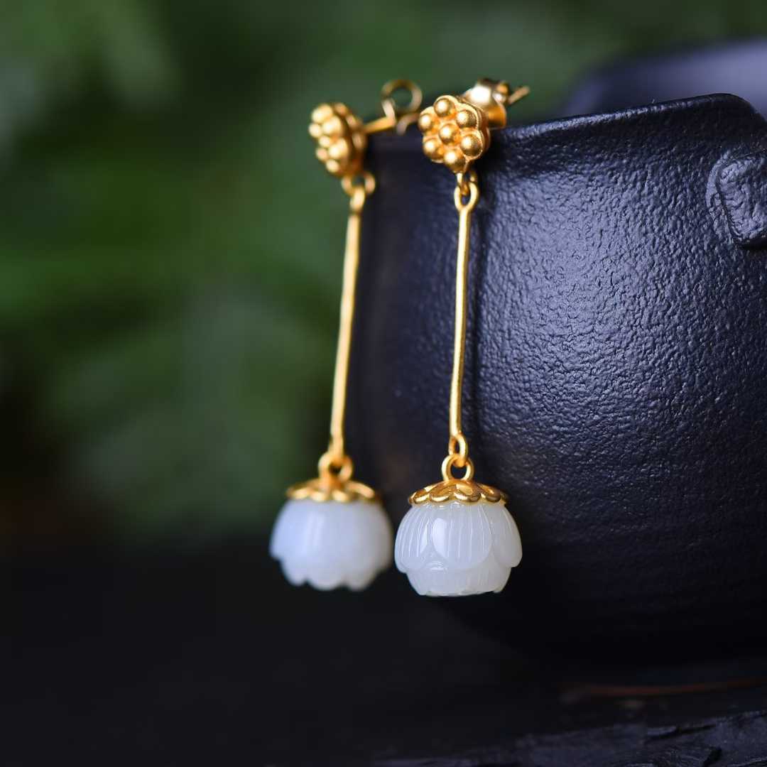 925 Silver Inlaid Nephrite Lotus Seed Pod Earrings