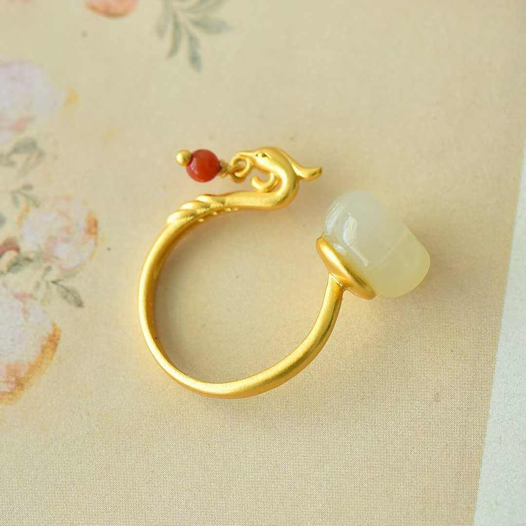 925 Silver Inlaid Hetian White Nephrite "Phoenix Visiting Lotus" Ring with South Red Agate (Plain Silver)
