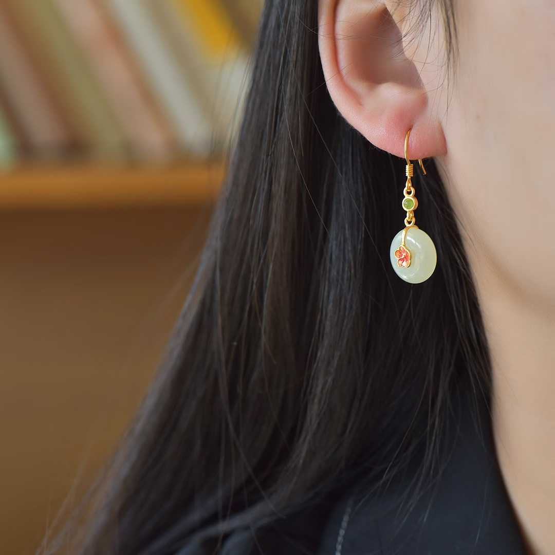 925 Silver Inlaid White Hetian Nephrite "Peace Buckle on Plum Branch" Dangle Earrings