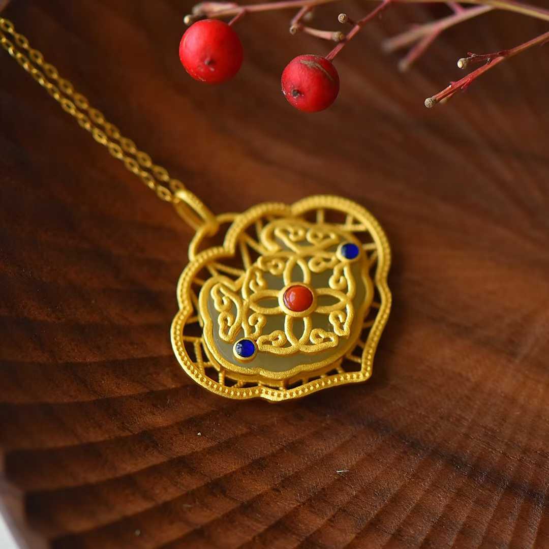 S925 Silver Inlaid Nephrite Double-Sided Lock Pendant
