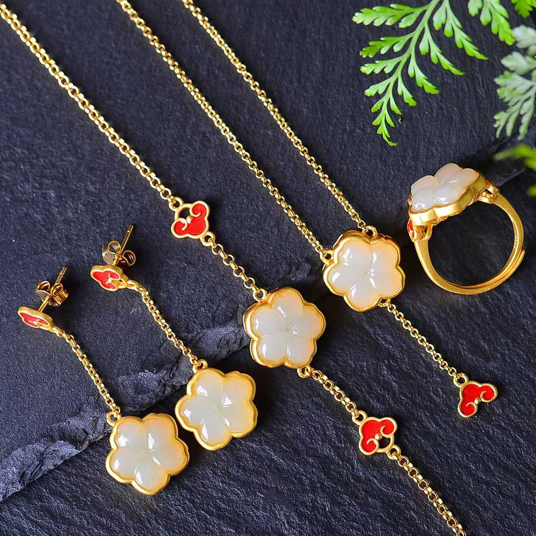 925 Silver Inlaid Hetian Jade Five-Petal Flower Four-Piece Set