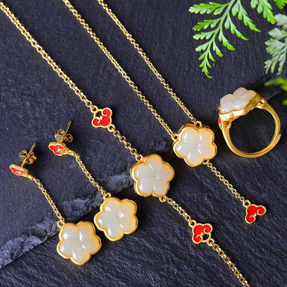 925 Silver Inlaid Hetian Jade Five-Petal Flower Four-Piece Set