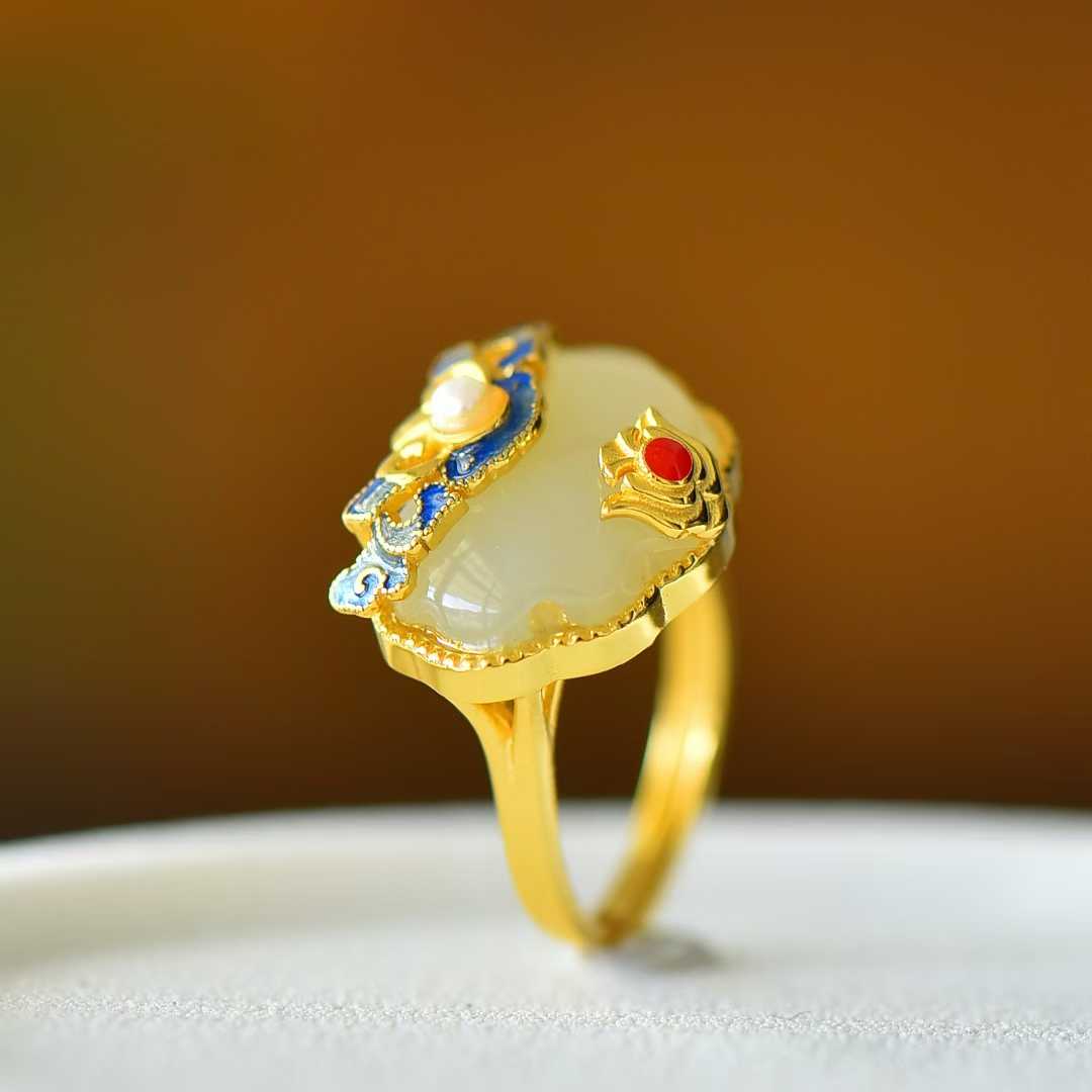925 Silver Inlaid Blue Enamel & White Hetian Nephrite "Peace & Prosperity" Ring