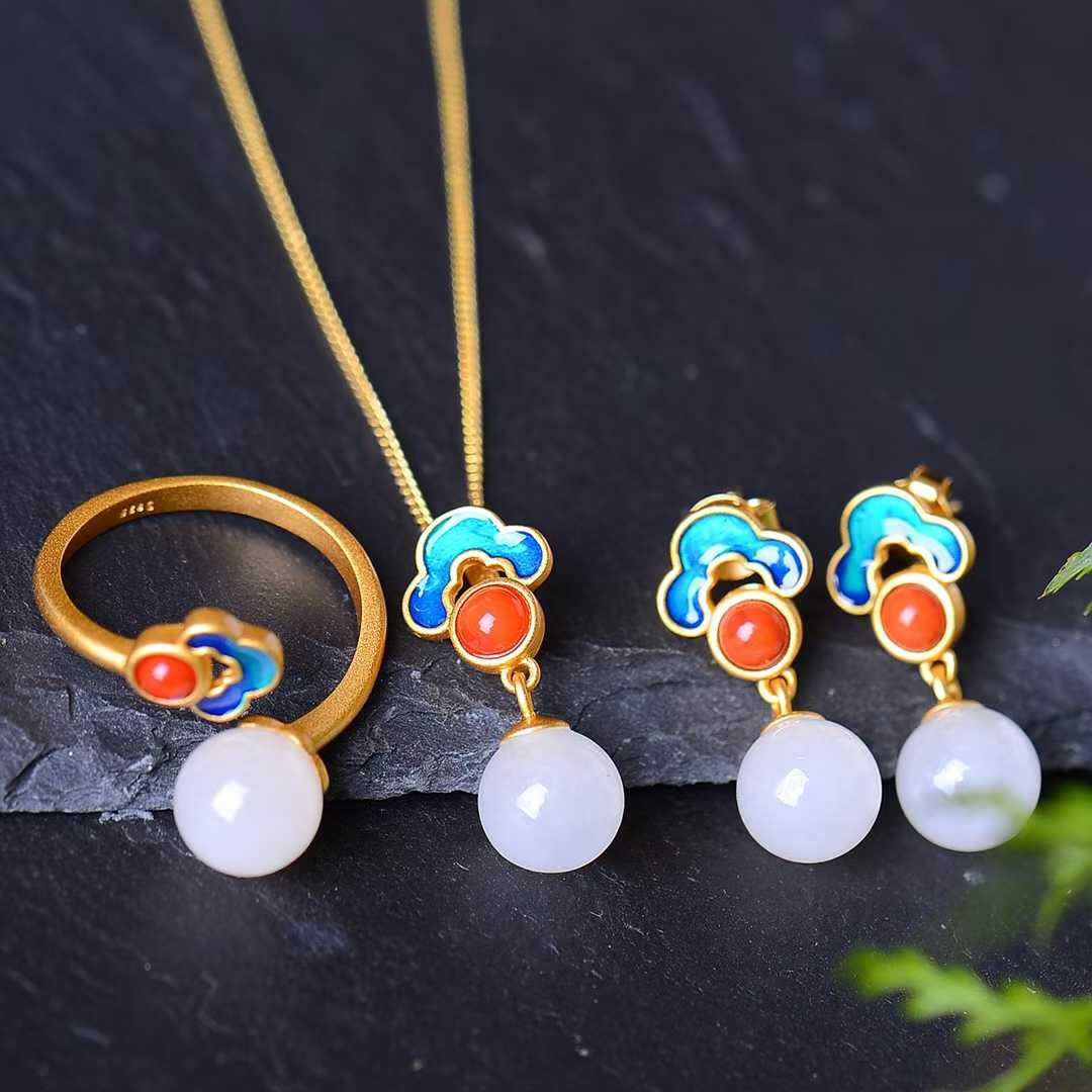 Premium Hetian white jade bead jewelry with traditional Chinese enamel craftsmanship