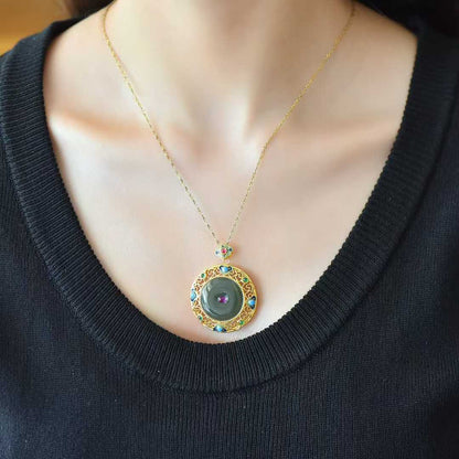 925 Silver Inlaid Hetian Nephrite "Peace Buckle & Ruyi" Pendant