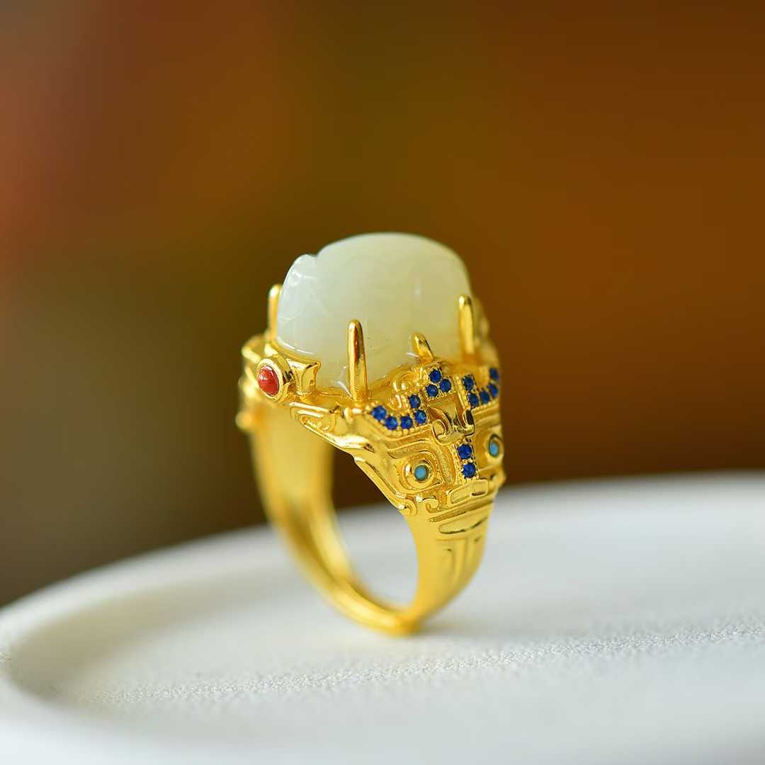 925 Silver Inlaid Hetian Nephrite "Attract Wealth & Treasure" Pixiu Ring
