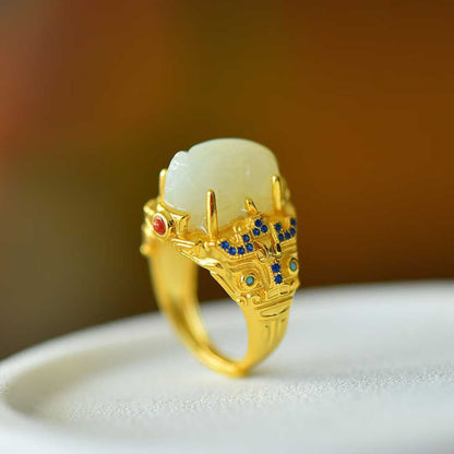 925 Silver Inlaid Hetian Nephrite "Attract Wealth & Treasure" Pixiu Ring