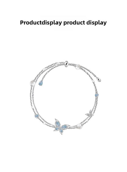 Frozen Ice Blue Butterfly Double Layer Pearl Bracelet