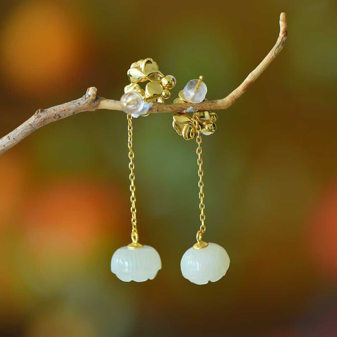925 Silver Inlaid Hetian Nephrite "Lotus Bead & Lotus Earring"