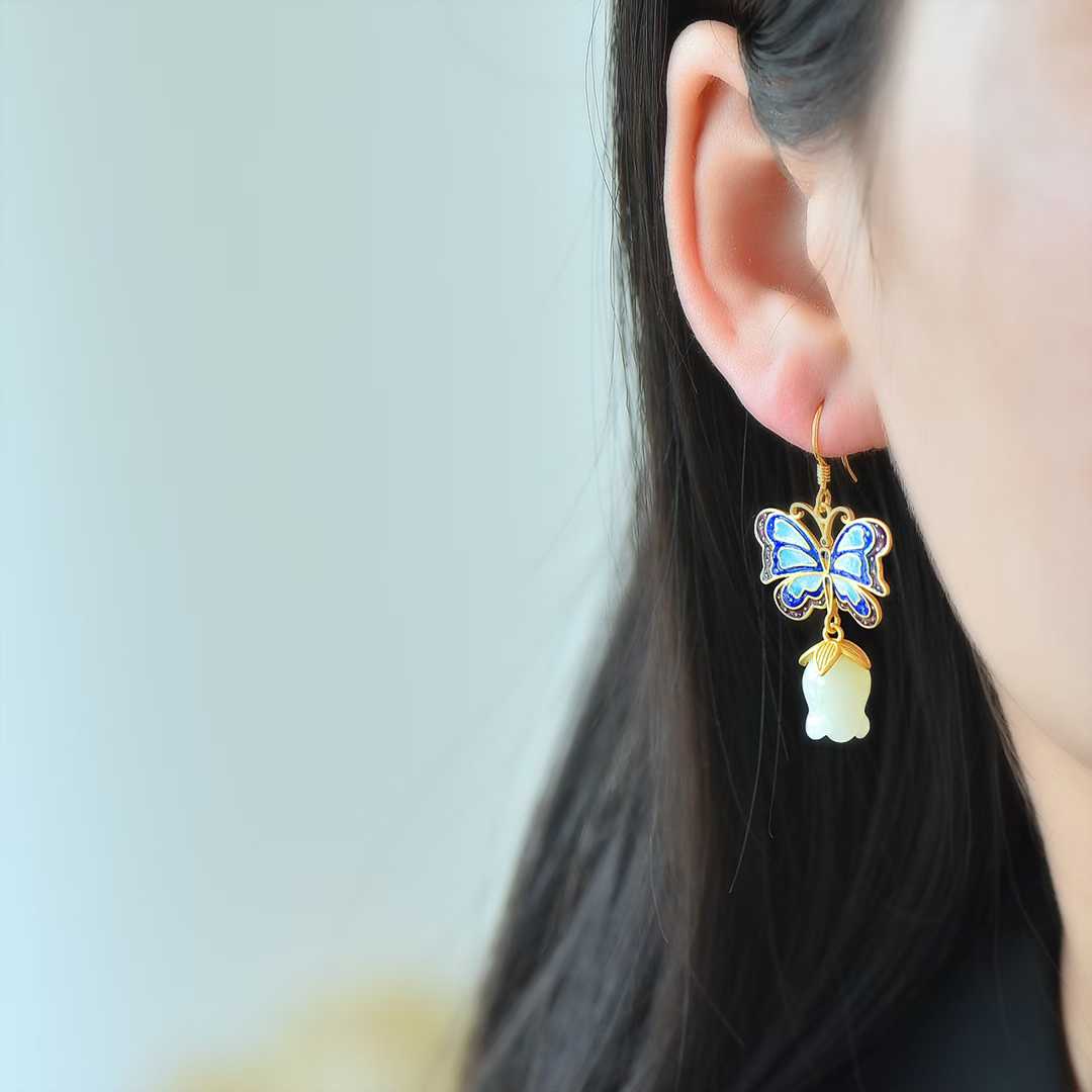 925 Silver Inlaid Hetian Nephrite "Butterfly & Lily of the Valley" Earrings