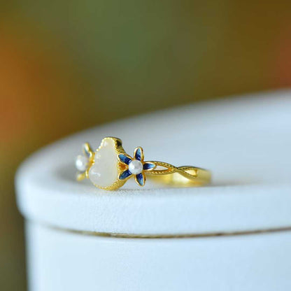 925 Silver Inlaid Hetian Nephrite "Gourd & Orchid" Ring