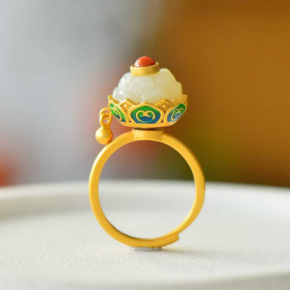 925 Silver Inlaid White Hetian Nephrite "Lotus for Fortune Turning" Ring
