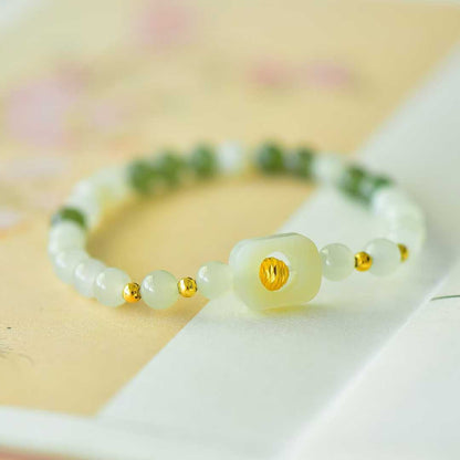 Hetian Nephrite (Sunny Water Material) 6mm Beads & Hollow Lucky Charm Multi-Gem Bracelet