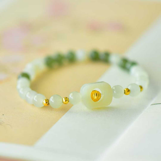 Hetian Nephrite (Sunny Water Material) 6mm Beads & Hollow Lucky Charm Multi-Gem Bracelet