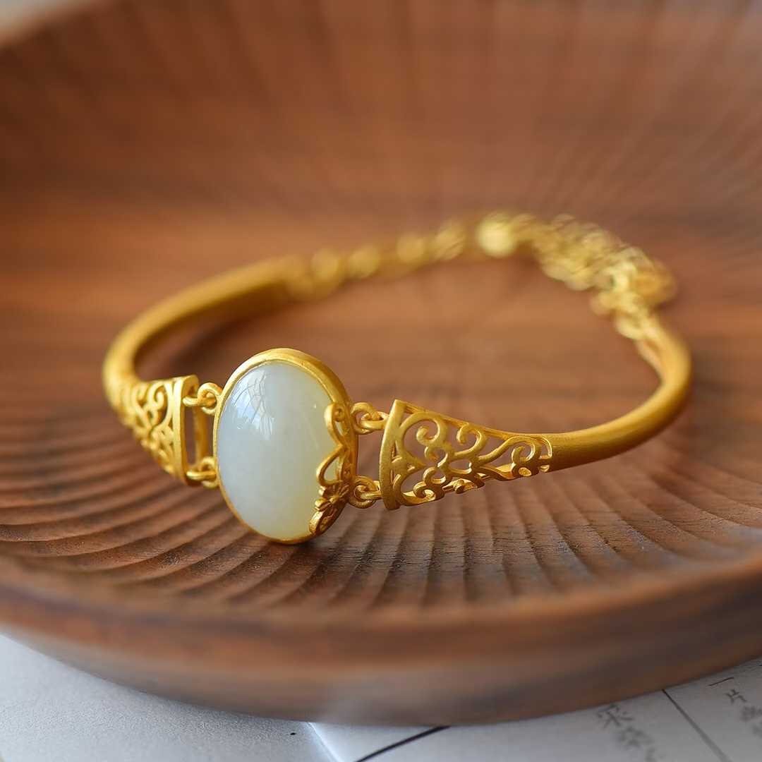 925 Silver Inlaid Hetian Nephrite "Hollowed-Out" Bracelet