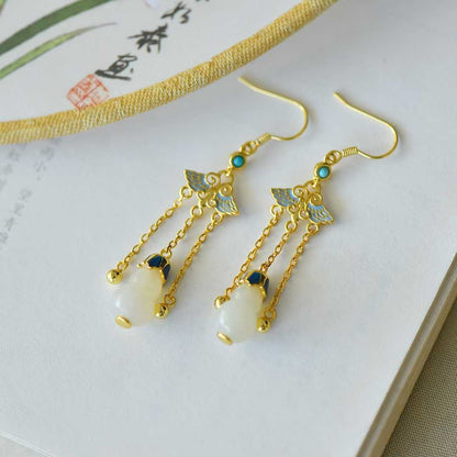 925 Silver Inlaid Nephrite "Blessings, Prosperity & Health" Tassel Earrings