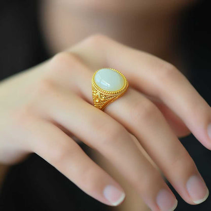 925 Silver Inlaid Hetian Nephrite "Love at First Sight" Cabochon Ring
