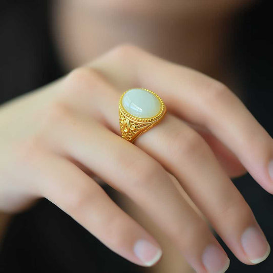 925 Silver Inlaid Hetian Nephrite "Love at First Sight" Cabochon Ring