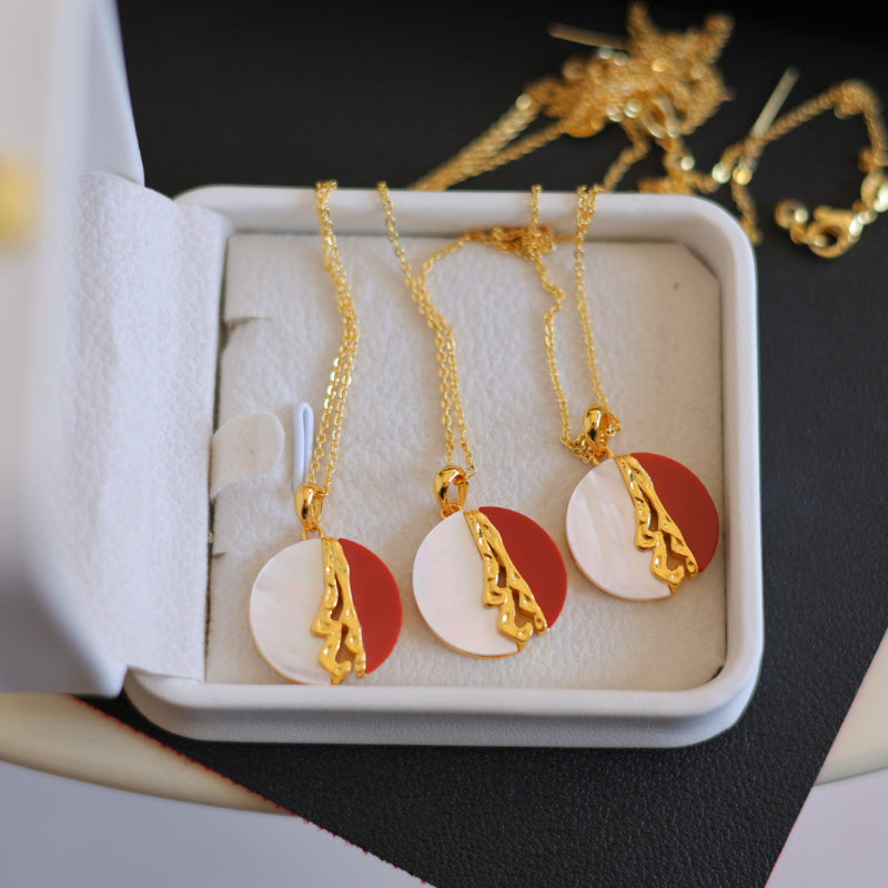 Half the Kingdom" Pendant, Natural Nanhong Agate and White Mother of Pearl