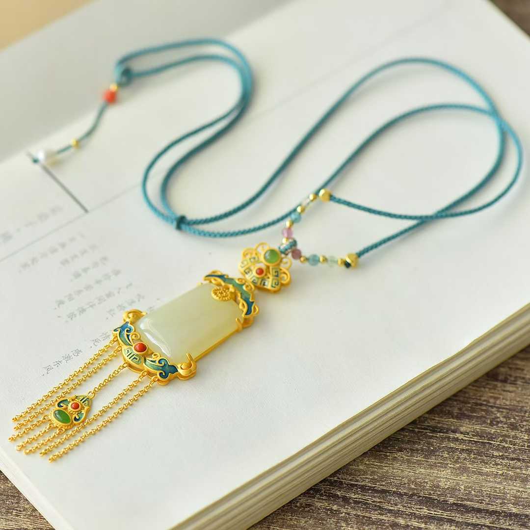 925 Silver Inlaid Hetian Nephrite "Endless Blessings & Tassel" Pendant