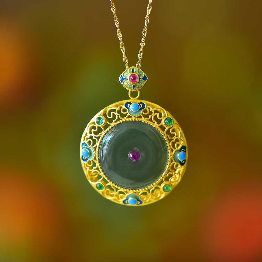 925 Silver Inlaid Hetian Nephrite "Peace Buckle & Ruyi" Pendant