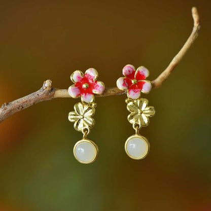 Blossoming peach flowers Hetian nephrite bracelet and necklace set in sterling silver