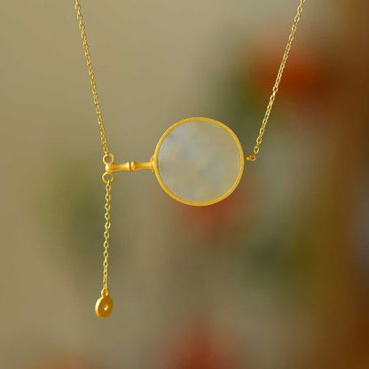 Vintage-Style Silver Inlaid Hetian Nephrite "Ancient-Style Round Fan with Bamboo Bringing Peace" Pendant