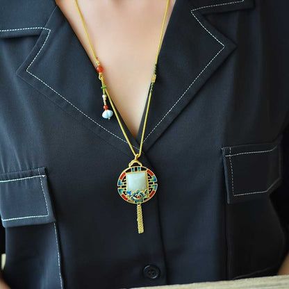 925 Silver Inlaid Nephrite Fan-Shaped "Shunxin Zhuyi" Tassel Pendant