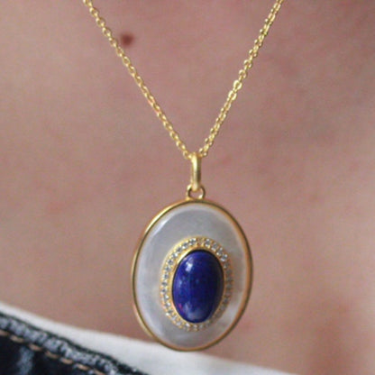 Natural Lapis Lazuli & White Shell Oval Pendant