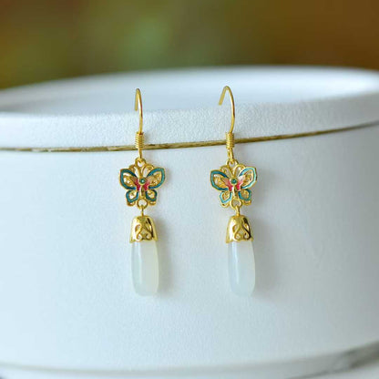 925 Silver Inlaid Hetian Nephrite Long Drop Butterfly Earrings