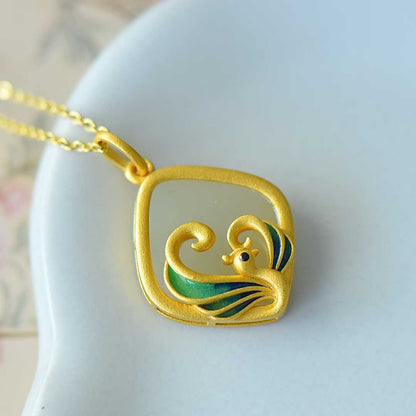 925 Silver Inlaid Nephrite Diamond-Shaped Phoenix Pendant