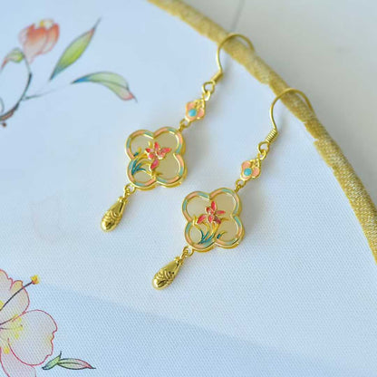 925 Silver Inlaid Hetian Nephrite "Four-Leaf Clover & Plum Blossom" Earrings