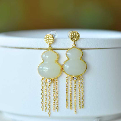 925 Silver Inlaid Hetian Nephrite "Gourd & Tassel" Earrings