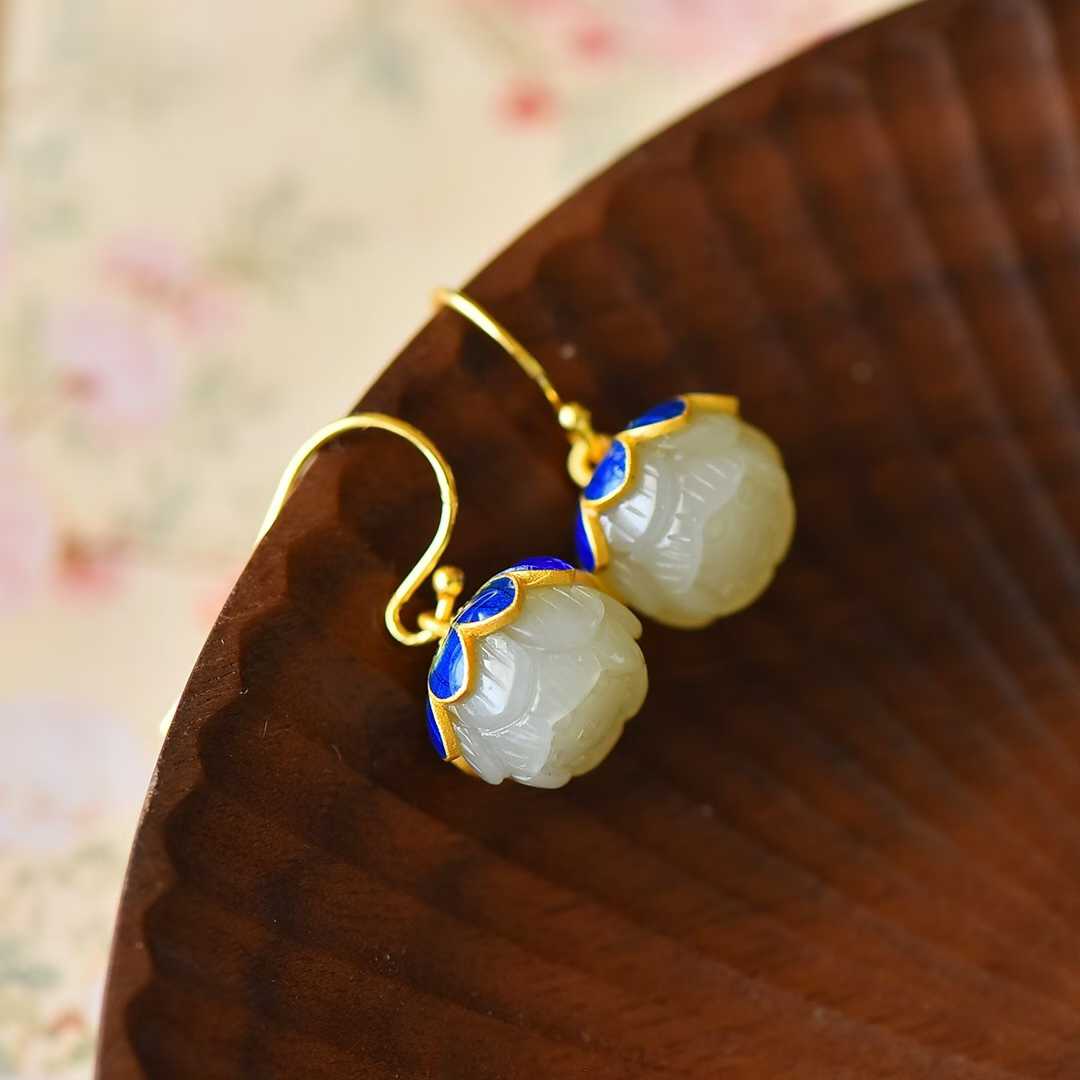 925 Silver Inlaid Hetian Nephrite "Lotus Bead" Earrings