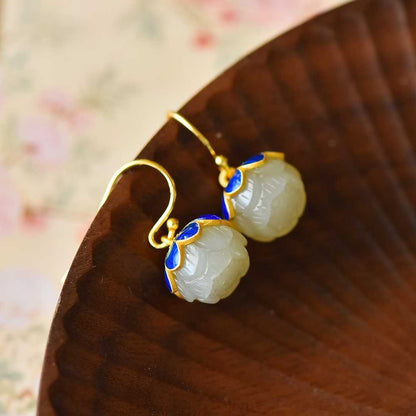 925 Silver Inlaid Hetian Nephrite "Lotus Bead" Earrings
