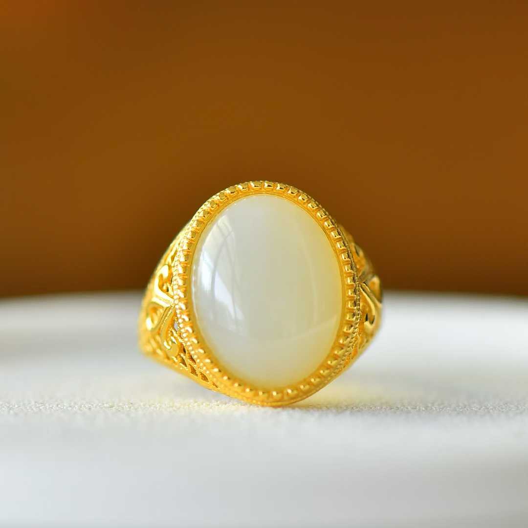 925 Silver Inlaid Hetian Nephrite "Love at First Sight" Cabochon Ring