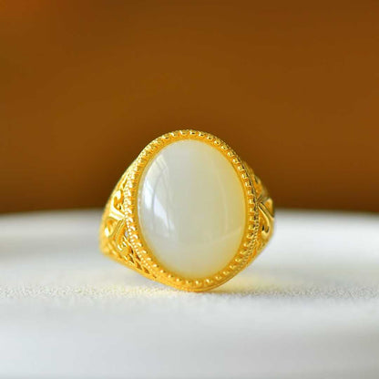 925 Silver Inlaid Hetian Nephrite "Love at First Sight" Cabochon Ring