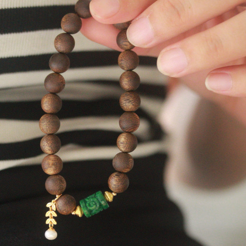 Natural Myanmar Jadeite and Kyara Agarwood Bracelet