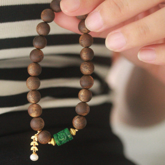 Natural Myanmar Jadeite and Kyara Agarwood Bracelet